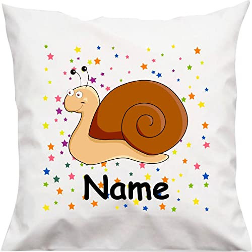Kuschelkissen Schnecke mit Wunschnamen Tiermotiv Sterne Sterne, Kinderzimmer Kuscheln, Kopfkissen Dekokissen mit Füllung, Größe 40X40cm, Farbe weiß