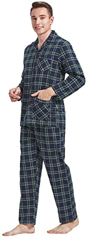 GLOBAL Men's Traditional Cotton Flannel Pyjama Set,Black Plaids 3,M