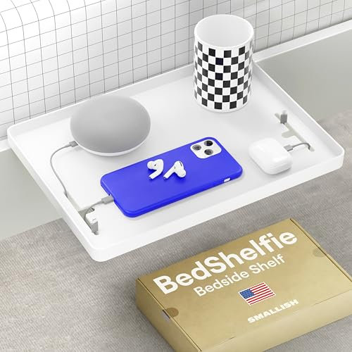 BedShelfie Bedside Shelf, Bunk Bed & Top Bunk, College Dorm Room Essentials, Clip On Nightstand, Bed Side Table Tray Organizer, Room Decor, College Dorm Essentials (Cable Catch Model, White, Plastic)