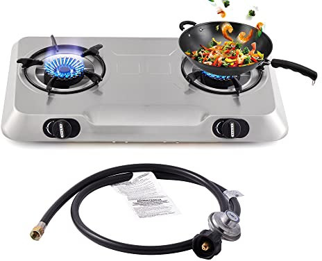 Table de cuisson à gaz propane à 2 brûleurs, réchaud à gaz portable en acier inoxydable, double brûleur à allumage automatique, camping, double brûleur GPL pour camping-car, appartement, extérieur