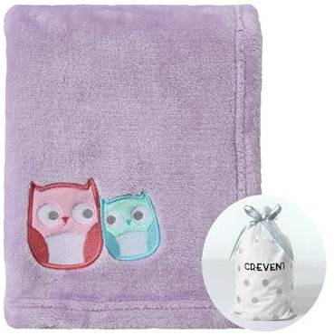CREVENT Kuschelige, Flauschige, Warme Fleece-Decke für Baby-Kinderbett, Kinderwagen, 75 x 100 cm, Lavendel, Eule