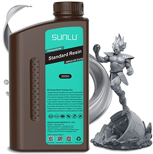 SUNLU 3D Drucker Resin 2KG, 405nm UV Härtendes Harz, Standard Photopolymer 3D Druck Resin für 4K/8K LCD/DLP/SLA Resin Drucker, Hohe Präzision, Niedrige Schrumpfung, Grau 2000g