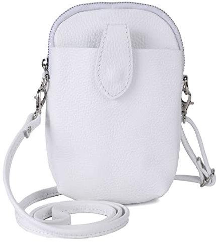 Kleine Damen Leder Umhängetasche, Ital. Handtasche Handy Echtleder, Crossbody Schultertasche für Frauen Mädchen, 0002111070, Tasche Farben:Weiß