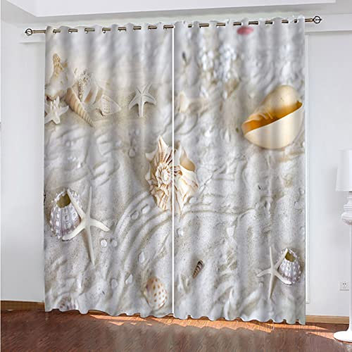 Lot De 2 Rideau Occultant À Oeillets - Rideaux Pour Petites Fenêtres - Rideaux Thermiques Isolants Anti Froid Rideaux - 3D Impression Coquille D'Étoile De Mer De Plage Pour Chambre 260 X 214 Cm(L X