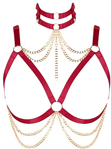 Punk Gothic Körperkette Geschirr Hals und Brust Kette Damen Übergröße Tops Aushöhlen BHs Tanzkleidung, Weinrot, Gold, Übergröße