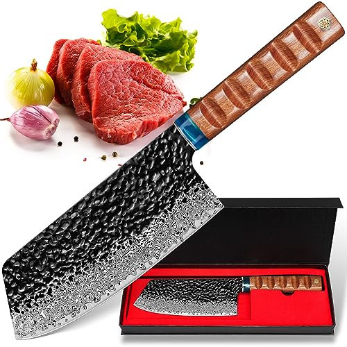 kyushublade Damastmesser Fleischerbeil Profi 16,6 cm Chinesisches Kochmesser, Fleischmesser aus 67 Schicht Damaszener Stahl, Nakiri Messer Küchenmesser Geeignet für Fleisch, Gemüse,Geschenkbox