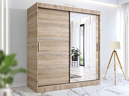RAC3 Race to Road Stylish Bedroom Sliding Wardrobe with LED Light - Ample Storage Space and Sleek Design comes in White/Grey/Black/Oak and Width 150cm/180cm/203cm/250cm (Oak, 180cm)