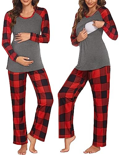 Ekouaer Pyjama d'allaitement pour Femme pour hôpital Manches Longues Modal de Grossesse Ensemble Pyjama 2 pièces Gris à Carreaux Rouges M
