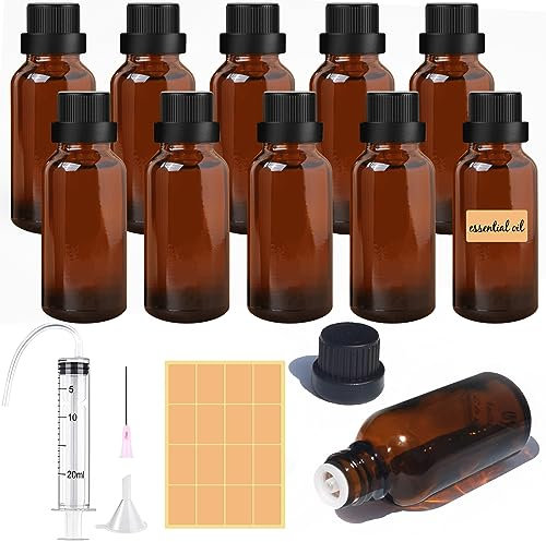 Furuising 10Pcs Amber Glass Bottles, 50ml Essential Oil Bottle, Empty Refillable Travel Liquid Dropper Bottles with 20ml Syringe Funnel Tube for Oils Perfume Aromatherapy