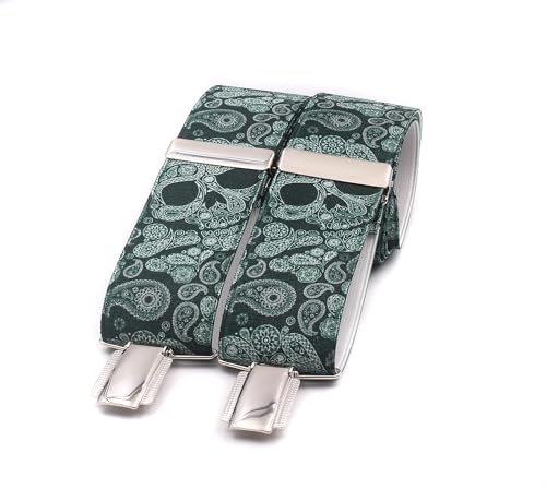 El Mono con Pajarita Hosenträger Herren, handgefertigt in Spanien | Hosenträger für Herren mit 3 extra starken Clips. | Totenkopf und Kaschmir Druck. (Calaveras Verde)