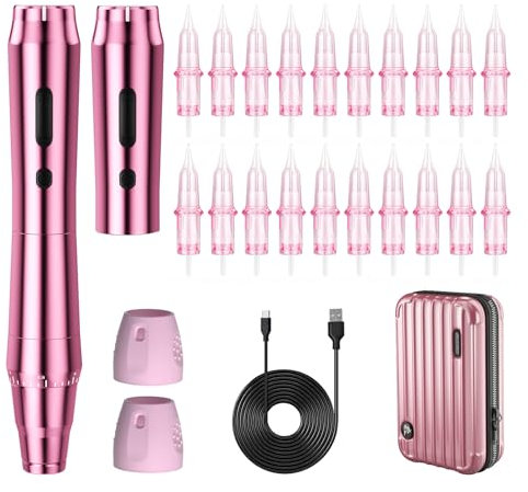 Biomaser Wireless Semi Permanent Makeup Machine Rotary pen with 2 1000 mAh Batteries 20 Pieces Cartridges Needles for Beginner and Artists