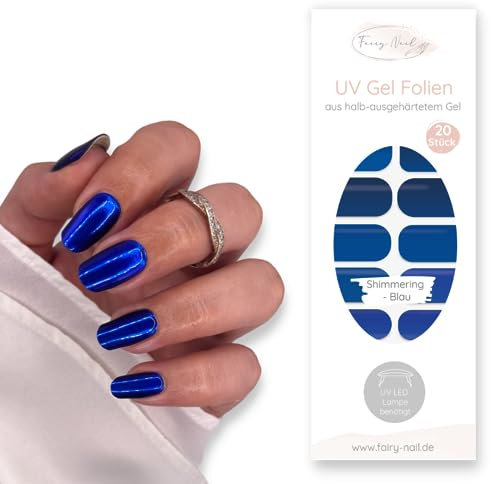 Fairy Nail UV Nagelfolien selbstklebende Gelfolien halb ausgehärtet 20 Stück Nailwraps Nagellackstreifen zum aufkleben… (Shimmering Blau)