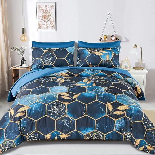 Freyamy 3D Marmor Bettwäsche 200x220cm 3teilig Dunkelblau Gold Geometrische Marmormuster Luxus Bettwäsche 100% Mikrofaser Bettwaren-Sets Weiche Bettbezug mit Reißverschluss und 2 Kissenbezug 80x80cm