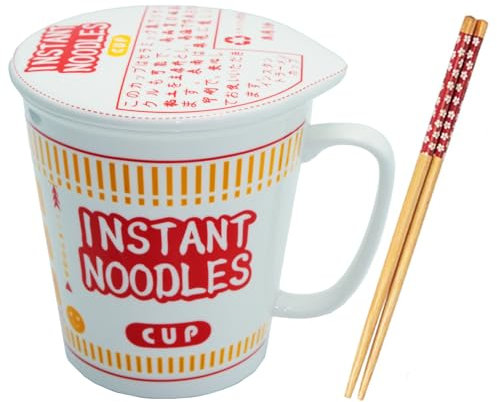 Pilipalaboom Ramen Bowl Set - Ceramic Noodle Cup With Handle, Mug and Lid for Deep Soup, Instant Cooking - Ideal for Office, College Dorm (Red)