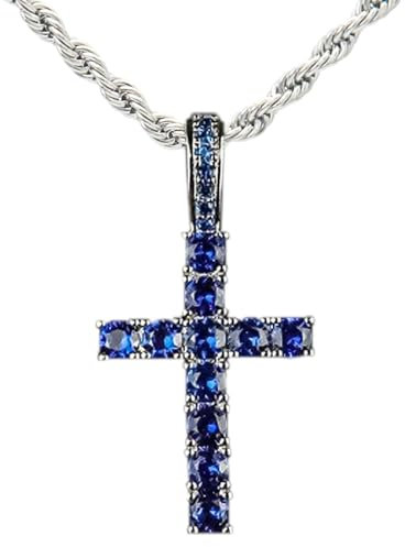 KONFEN Collier Croix Pendentif Homme Femme, Croix Chaine Acier Inoxydable 55cm avec Zircons pour Homme, Chaîne Croix Viking Hip Hoo Bijoux Cadeau d'anniversaire pour Homme Garçons, Bleu