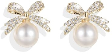 Bow Earrings for Women Trendy Gold Pearl Drop Dangle Earrings Bowknot Stud Wedding Party Daily Jewelry Accessory Gifts for Her
