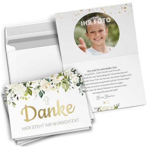 10 PERSONALISIERTE Dankeskarten mit Text und Foto - Danke Fröhlich - Dankeskarte Kommunion Konfirmation Taufe Hochzeit kirchlich mit Umschlägen
