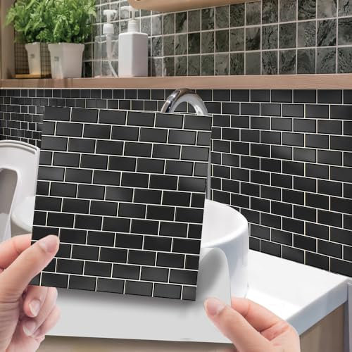 20pcs Black Tile Stickers Brick Peel and Stick Wall Tiles VinylWaterproof DIY Home Decor Stick on Tiles Transfers Kitchen Bathroom Backsplash (6x6in,15x15cm)