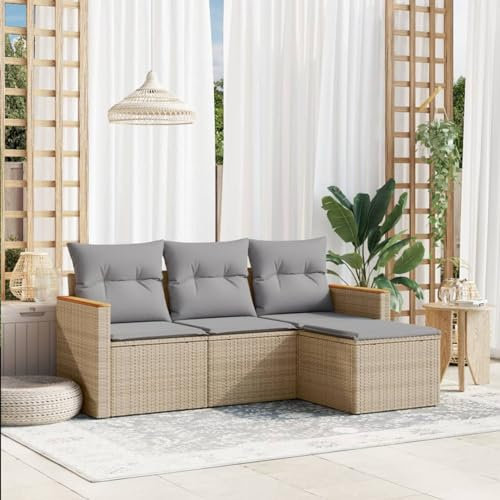 SECOLI Balkon Lounge Balkonmöbel Keiner Sofa Outdoor Gartensofa 3-Sitzer Gartenmöbel-Set Ecksofa Garten Balkonlounge Rattan Polyrattan Lounge Gartenlounge Terrassenmöbel Beige 4-tlg-Type-64