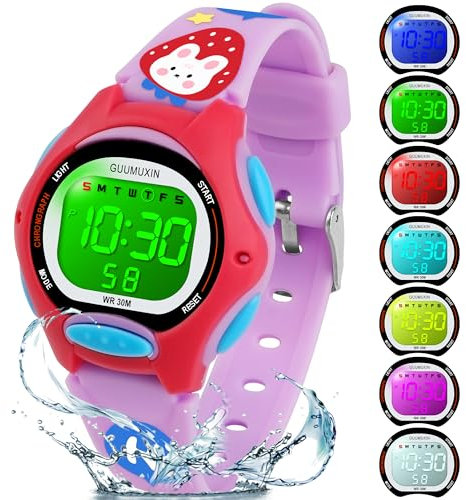 GUUMUXIN Armbanduhr Kinder,Kinderuhr mit Bedrucktem Armband und 7 Farbigen LED Lichtern,30M wasserdichte Digitale Kinderuhren für Jungen Mädchen 4-12 (Lila)