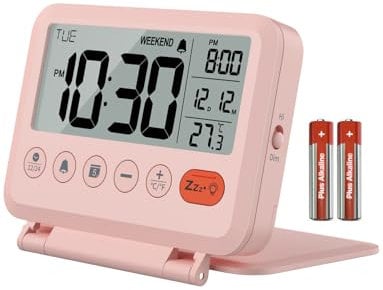 MeesMeek Reisewecker Digital Klein: 2 Stufen Licht und Lautstärke, 12/24H, Kalender, Temperatur, Wochenende und Schlummer Modus, Klappbar, Batteriebetrieben Mini Wecker (Rosa)