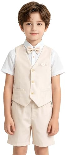 LOLANTA 4PCS Page Boy Short Suit Boys Wedding Suit Kids Gentleman Waistcoat Shorts Suit Set, Linen Summer Waistcoat Set, Christening Ceremony Prom Birthday Partywear, Waistcoat+Shorts+Shirt+Bowtie
