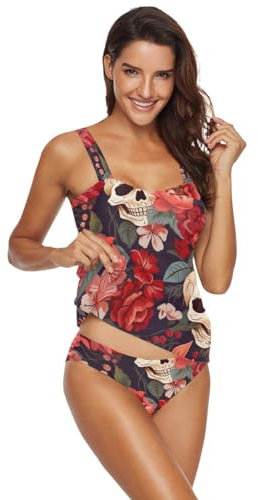 CHIFIGNO 2 Stück Tankini-Badeanzüge für Damen, sexy Damen-Tankini-Tops mit Badeshorts, Funny Skulls Red Flowers-1, Medium