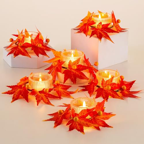 Hewory Herbstdeko Innen Teelichthalter Tischdeko: 6 Stück Herbst Dekoration Kerzenhalter Glas mit Herbst Girlande - Fall Decor Aesthetic Wohnzimmer Tisch Deko Boho