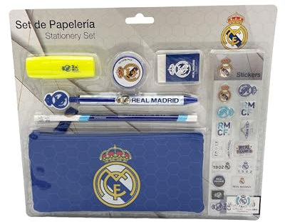 CyP Brands- Real Madrid, Set de Papelería, Portatodo, Lápiz, Goma, Sacapuntas, Bolígrafo, Subrayador, Pegatinas, Color Azul, Producto Oficial