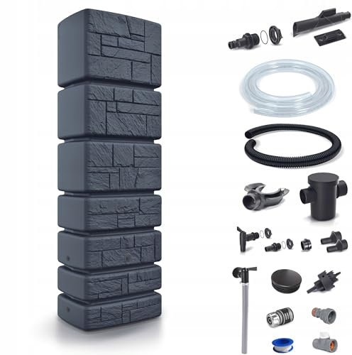 Dikel - Tower Stone - Regentonne - Wassertank - Regenfass - Regenwassertonne mit Zubehör - Regenwassertank - Wassertonne, Wasserfass, Regenwasserspeicher 350l, Anthrazit