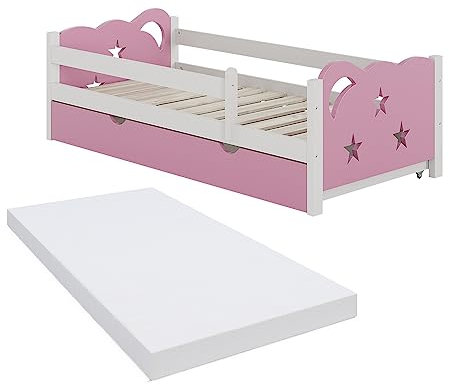 VitaliSpa Kinderbett 80x160 cm Jessica mit Schublade und Matratze - Rosa/Weiß 166x53x86 cm aus Bambus - Bettschublade perfekt für Kinder, Geborgenheit für eine Nacht voller schöner Träume