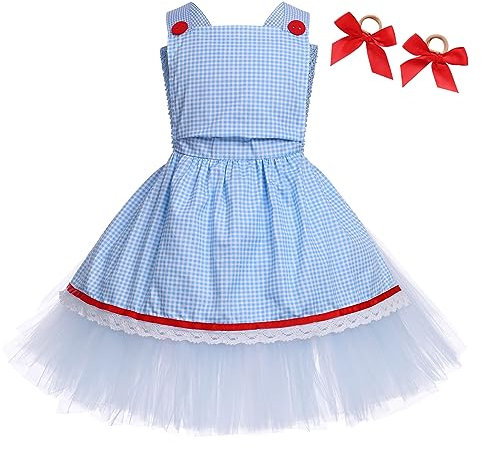 ABEHIK Dorothy Costume d'Halloween pour Fille Robe Lion Épouvantail Robe de Jeu de Rôle sur le Thème du Film Robe Poncho avec Tablier Pièce de Tête Fantaisie Carnaval Noël Cosplay Bleu 12-18mois