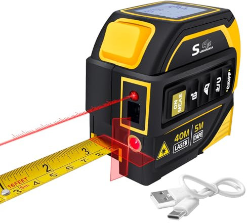 Fitdays 4-in-1 Laser-Entfernungsmesser 40 m mit Großem LCD-Display | Digitales Laser- Messgerät in/ft/m Berechnungen | Maßband 5M | Kreuzlaser für Waagerechte/Senkerechte| (Gelb-ZB)