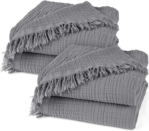 Pure Label 2er Set Musselin Decken 220x240cm - Oeko-Tex zertifizierte Tagesdecken aus Baumwolle | Musselin Kuscheldecken für Couch & Sofa in XXL | Doppelpack 220 x 240 cm, Farbe der Decke Anthrazit