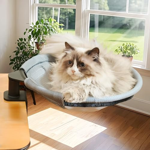 CATISM Redonda de Escritorio para Gatos Cama para Gatos con rotación de 360 Grados con 2 Redes Lavables, Hamaca para Mascotas, cómoda y Suave Cama Nido para Mascotas para Oficina en casa