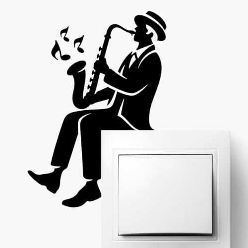 Jazz Musiker spielt Saxophon Wandaufkleber - Vinyl Aufkleber für Lichtschalter Dekoration - Elegante schwarze Silhouette - Musik Themed Home Decor