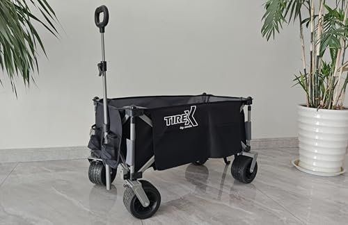 TIREX by xonic® Bollerwagen Vollgummi-PU-Universal-Räder - Robuster Transport-Wagen, faltbar mit Fußbremsen - Hand-Karre mit 2-Fach verstellbarem Griff - Unfold & Go (PU XL Räder, Black)