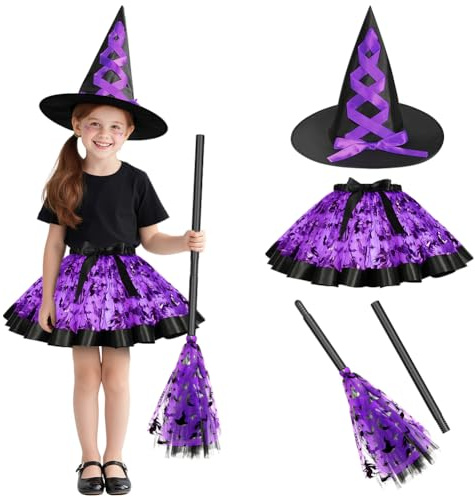 DiULi Hexenkostüm Mädchen, 3 Stück Hexe Cosplay Kostüm mit Hexe Tutu Rock Hexenhut Besen, Witch Costume Girl Halloween Set für Karneval, Fasching, Cosplay, Party