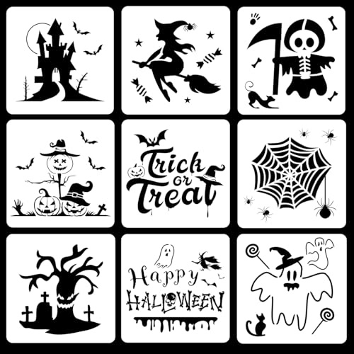 Penitue 9 Stück Halloween Schablonen, 15x15cm Wiederverwendbar Halloween-Thema Bastelvorlagen mit Mehreren Mustern für Fußmatte Holz Glas Kleidung Wand (Stil 2)