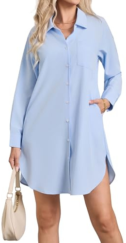 Enmain Womens Long Sleeve Shirt Dress Casual Button Up with Pockets S-3XL | Longline Blouses, Cotton-Polyester Blend, Plain Colour, Loose, Knee-Length, Side Pockets, Rounded Hem, Botton Up, Collar