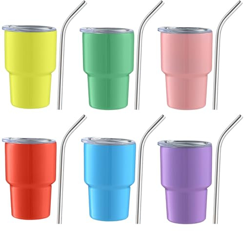 Tel Charme * 6 Pack 3 oz Mini Tumblers with Straw and Lid, Stainless Steel Double Wall Insulated Shot Glasses for Sublimation, Wedding, Cocktail Bar, Party Travel