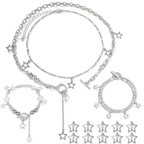 AHEJIOO Y2k Stern Halskette mit 2stk Armbändern und 10stk Stern Haarspangen Silber, Stern Ästhetischer Emo Vintage Schmuck Süße Halskette mit Armband, Y2k-Grunge-Accessoires für Frauen und Mädchen