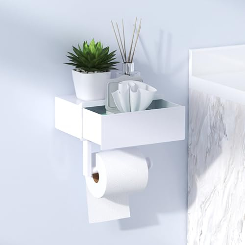 Shuqio Porte-Papier Toilette Blanc sans perçage, Plastique Acier Inoxydable | Support avec boîte à lingettes humides, Étagère et tiroir, Rangement pour salle de bain moderne