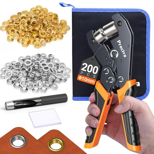 Preciva 10MM Remachadora Ojales Kit de 200 Ojales Metalicos con Sacabocados | Incluye alicate de ojales con trinquete ajustable, ojales dorados y plateados, sacabocados para cuero, lona, toldo, tejidos