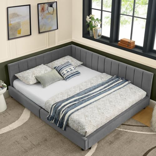 dowowdo 160x200 cm Doppelbett Polsterbett mit hoher Lehne, großes Eckbett Samtbezug, für Paare Familien, Eukalyptus Metall Gestell, Dunkelgrau, ohne Matratze