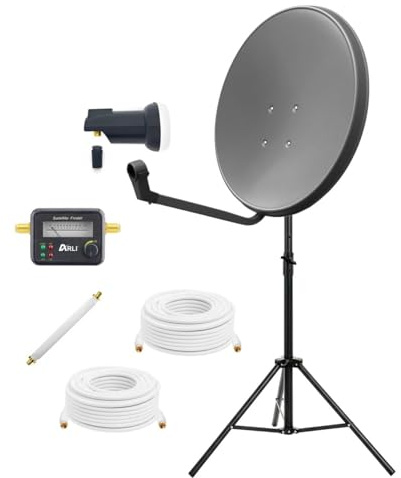 ARLI 60 cm SAT Anlage grau mit Single LNB Stativ Satfinder 3m Kabel 7m Kabel Fensterdurchführung Satellitenschüssel Camping Balkon Garten Terrasse Wohnmobil Antennenstativ Ständer mit Heringen Set