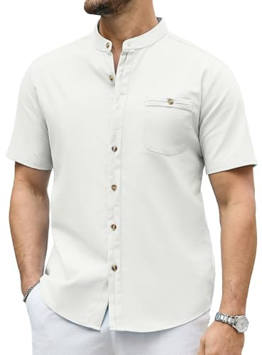 Zaitun Men's Linen Short Sleeve Shirt Grandad Collar Casual Button Down Regular Fit Summer Tops with Pocket Beach Holiday & Daily Wear White
