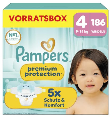 Pampers Premium Protection Größe 4, 186 Windeln, 9kg-14kg | unser Nr. 1 Haut- und Auslaufschutz