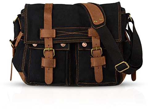 FANDARE Unisex Umhängetasche/Laptoptasche 14 Zoll für Arbeit Herren Messenger Bag Schultertasche Multifunktions Reise Canvas Schwarz