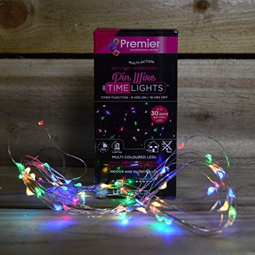 5m 100 LED Multi Action Pin Wire Battery Lights with Timer String Lights- Multi Coloured